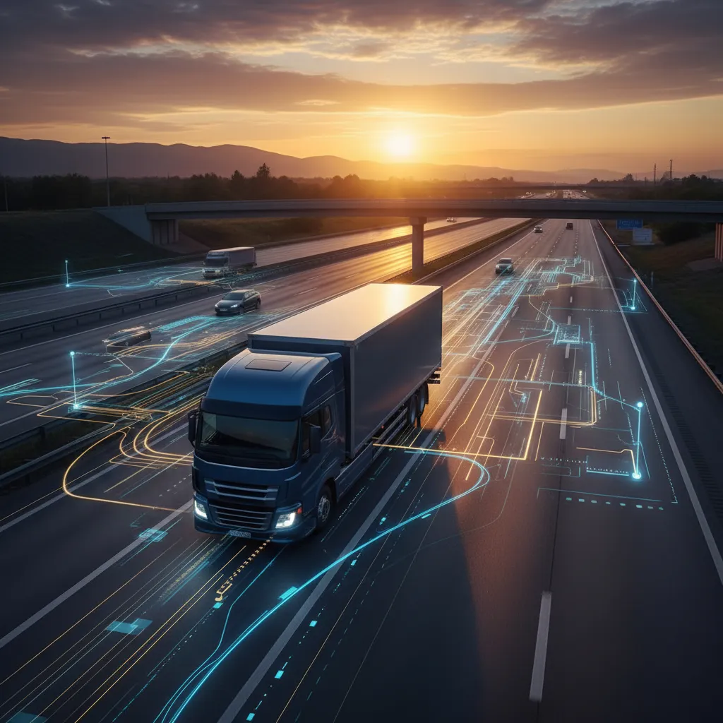 A modern semi-truck on a highway with digital data visualizations representing AI routing.