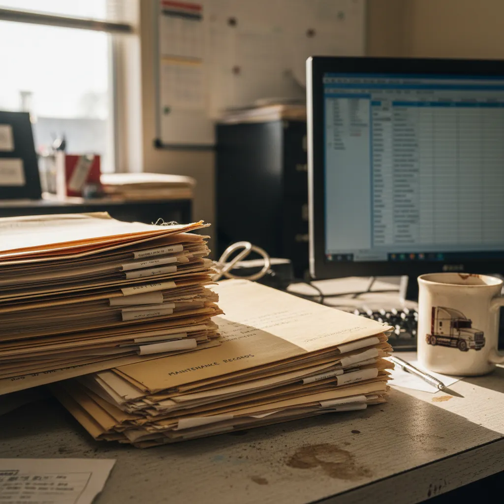 Close-up of a fleet manager desk with folders and computer for driver record management.