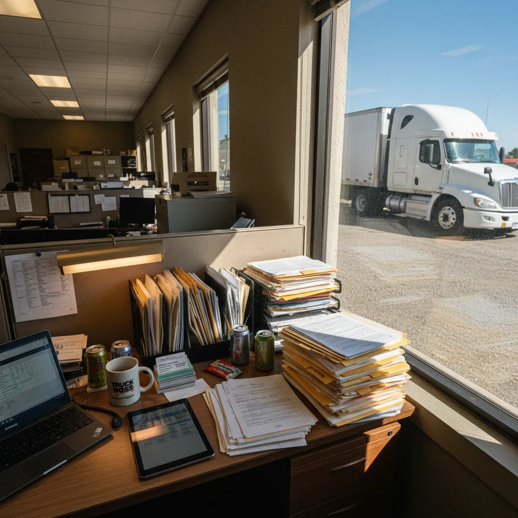 A recruiter's desk with documents and a tablet overlooking a trucking yard.