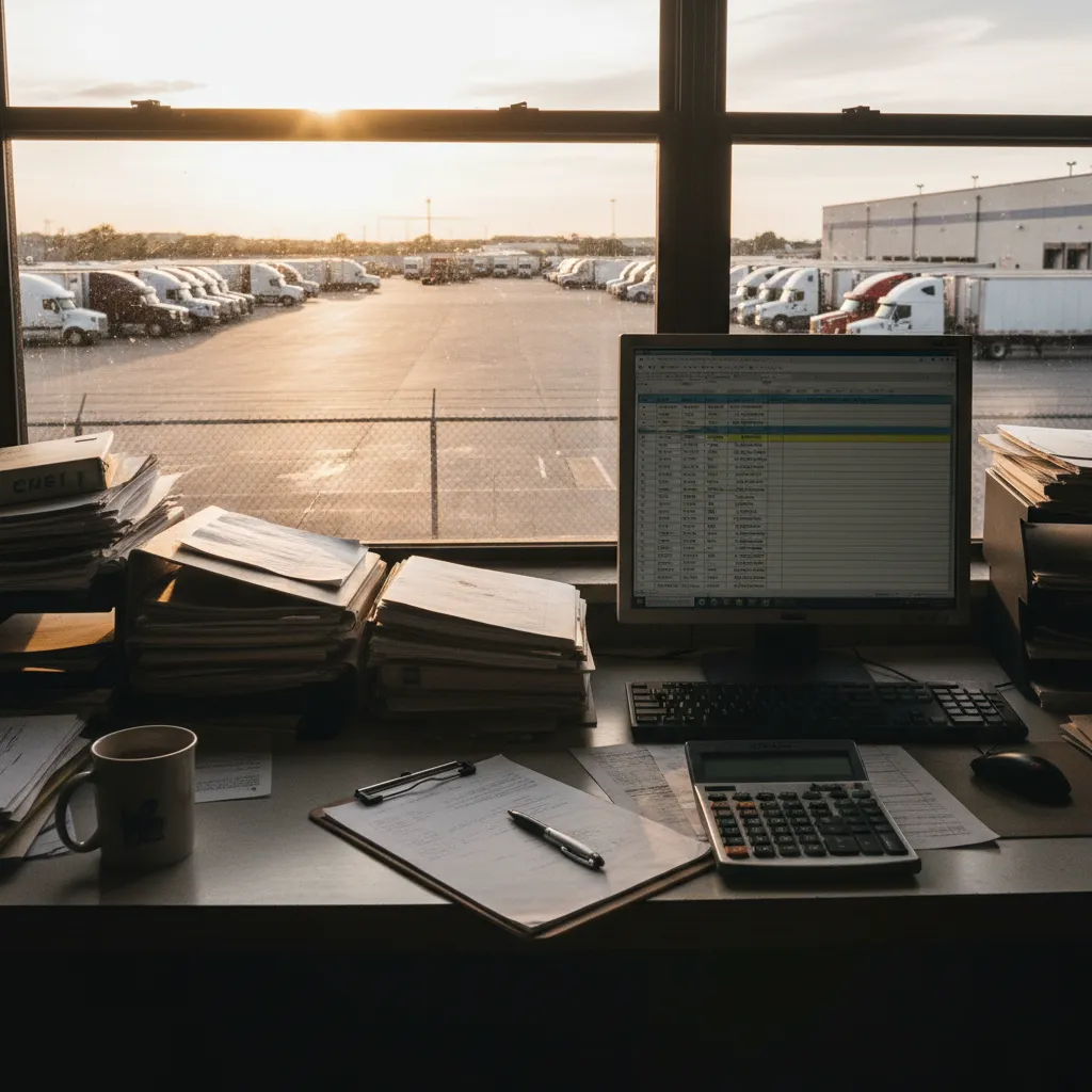 A calculator and spreadsheets on a trucking manager's desk with a truck yard in the background.