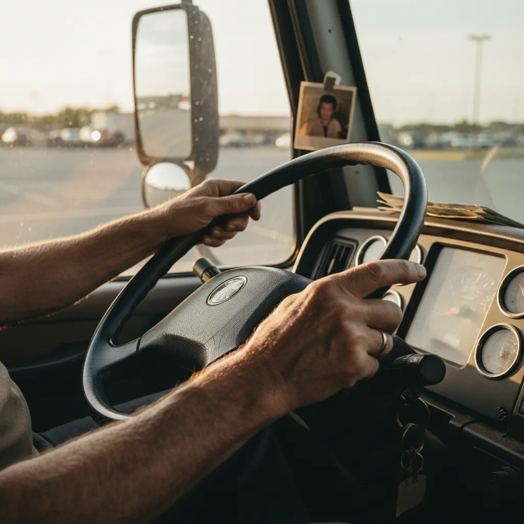 Close-up of a truck driver's hands on a steering wheel in natural afternoon light.