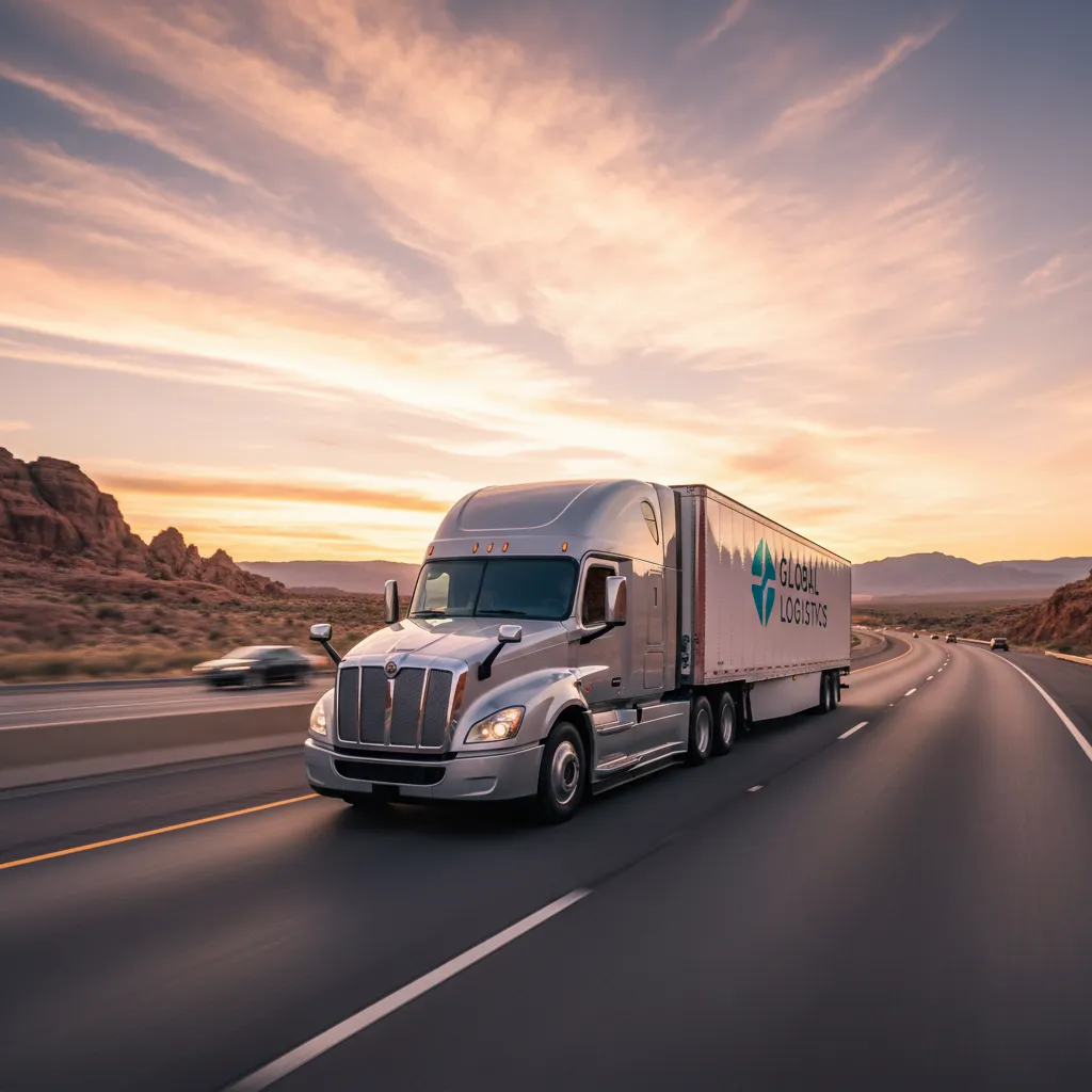 A modern semi-truck driving on a highway during sunset representing freight growth.