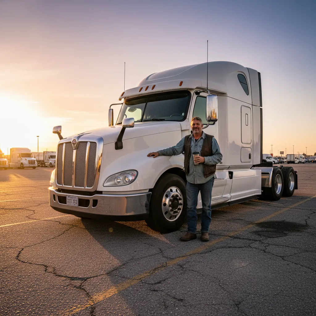 An owner operator standing by a semi-truck at sunset representing trucking business owners.