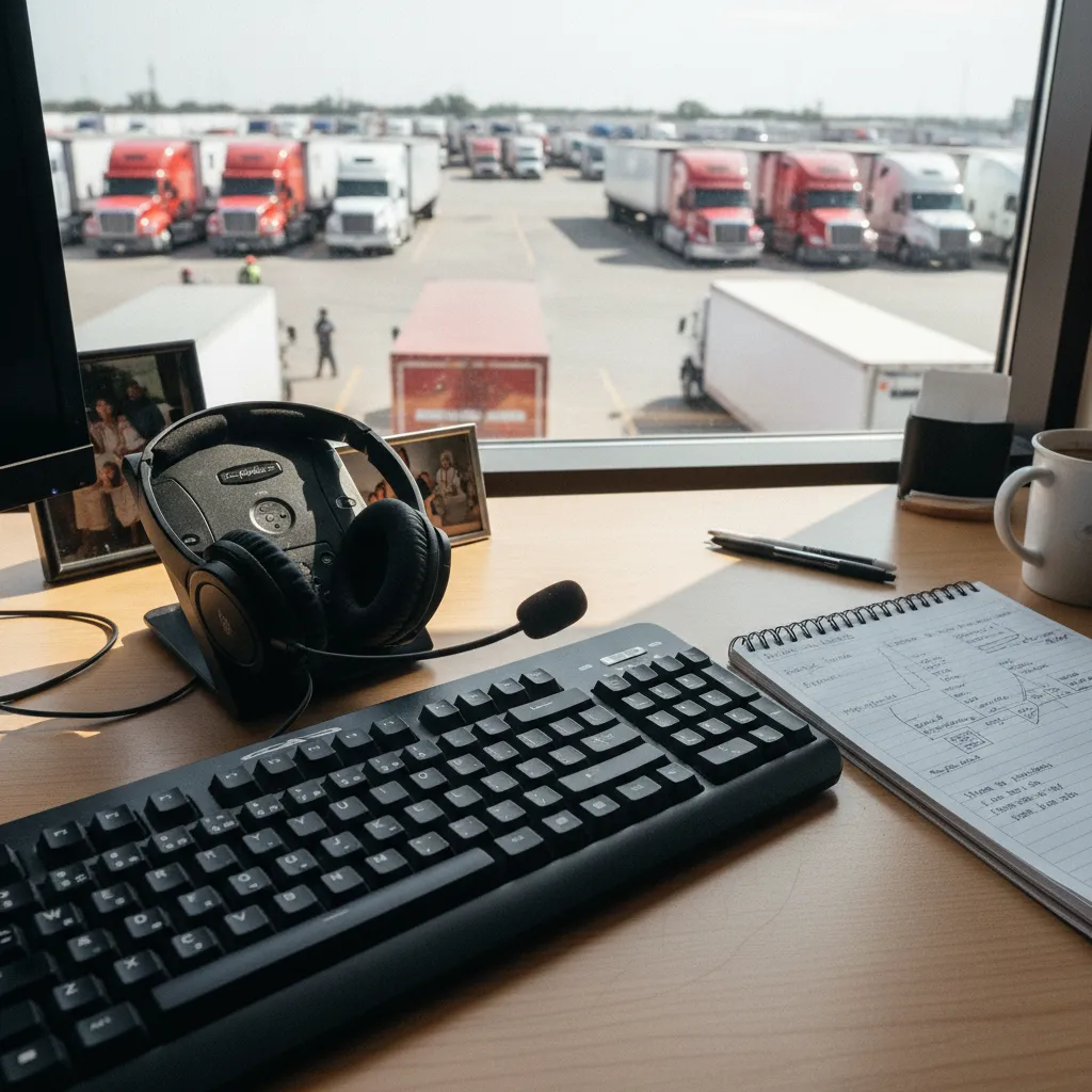 Close-up of a truck driver recruiter desk with office equipment and carrier yard in background.