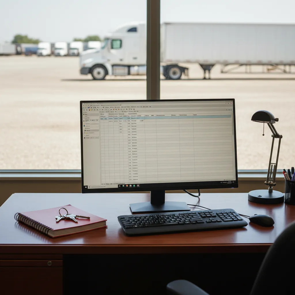 A dispatcher's desk in a trucking office with keys and a monitor showing recruitment data.